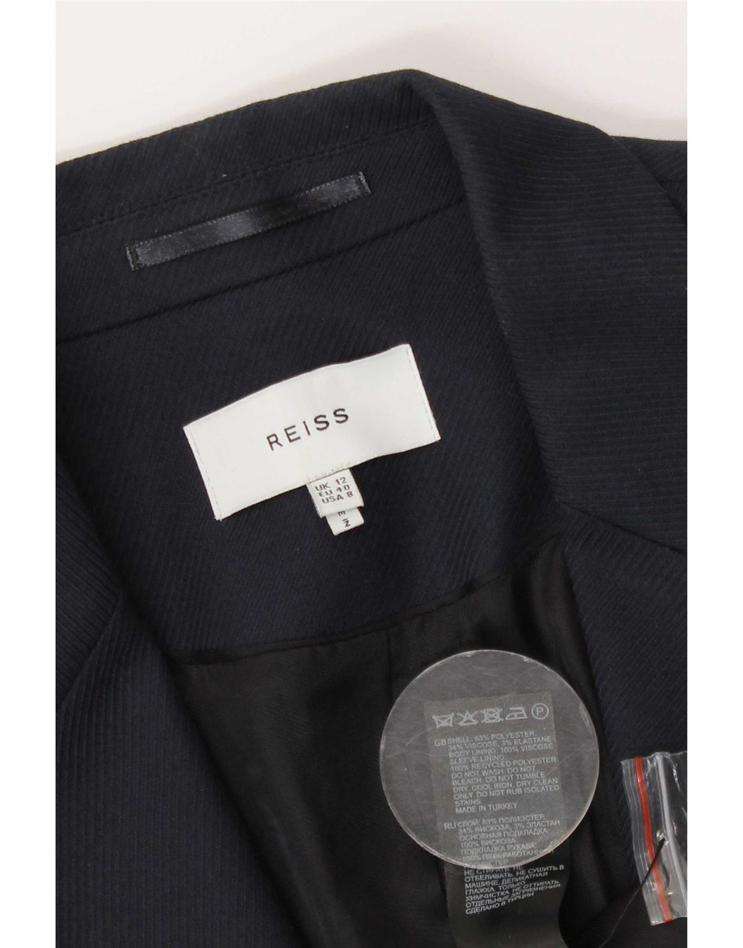 Reiss Dame Dobbeltradet Blazer Jacket UK 12 Medium Navy Blue Polyester