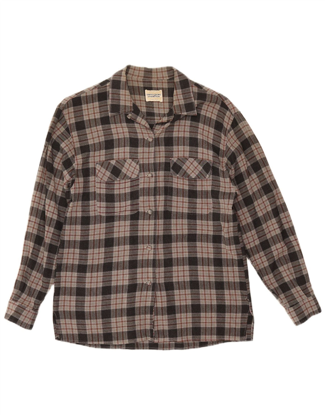 Benetton Dame Flanell Shirt UK 12 Medium Grey Check Viscose