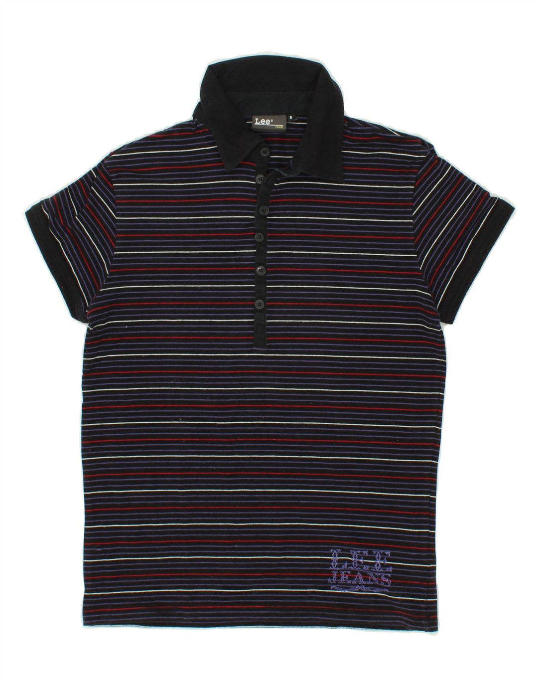 LEE Womens Polo Shirt UK 10 Small Navy Blue Striped Cotton Vintage Lee and Second-Hand Lee from Messina Hembry 