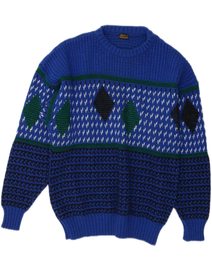 Vintage Herre Crew Neck Jumper Sweater IT 48 Medium Blue Argyle/Diamond