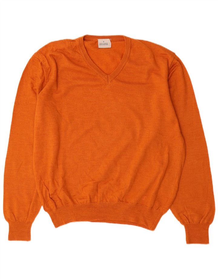 TRUSSARDI Dame V-hals sweater UK 20 2XL Orange Uld