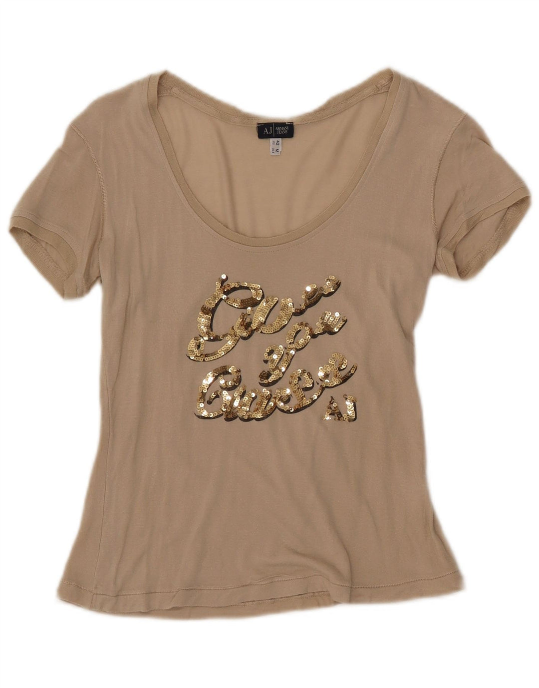 ARMANI JEANS Dame Grafisk T-Shirt Top EU 42 Stor Beige