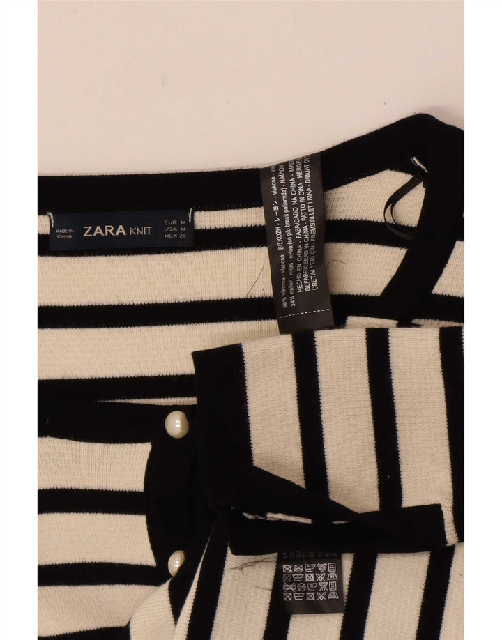 Zara Womens Crop Cardigan Sweater UK 12 Medium White Striped Viscose