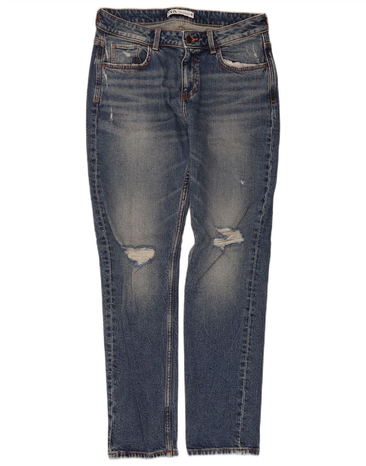 Zara Dame Distressed Straight Jeans EU 38 Small W30 L28 Blå Bomuld