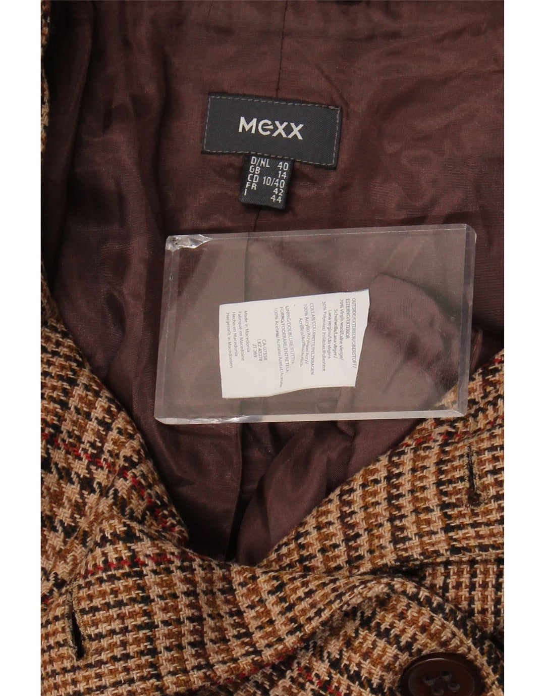 Mexx Womens Crop Pea Coat UK 14 Large Brown Houndstooth Virgin Wool
