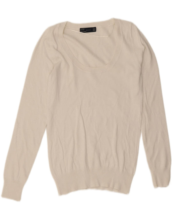 Zara Dame Boat Neck Jumper Sweater UK 6 XS Hvid Bomuld