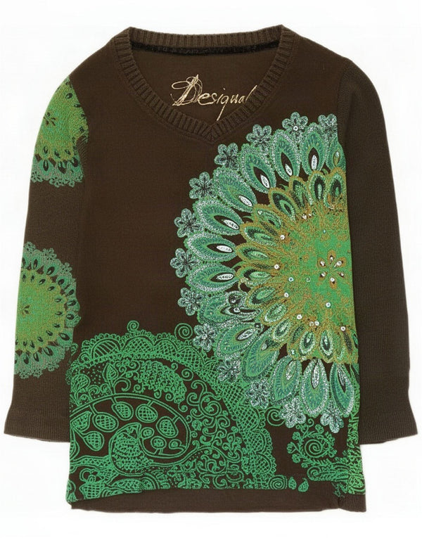 Desigual Dame Grafisk Top 3/4 ærmer UK 14 Large Khaki Paisley