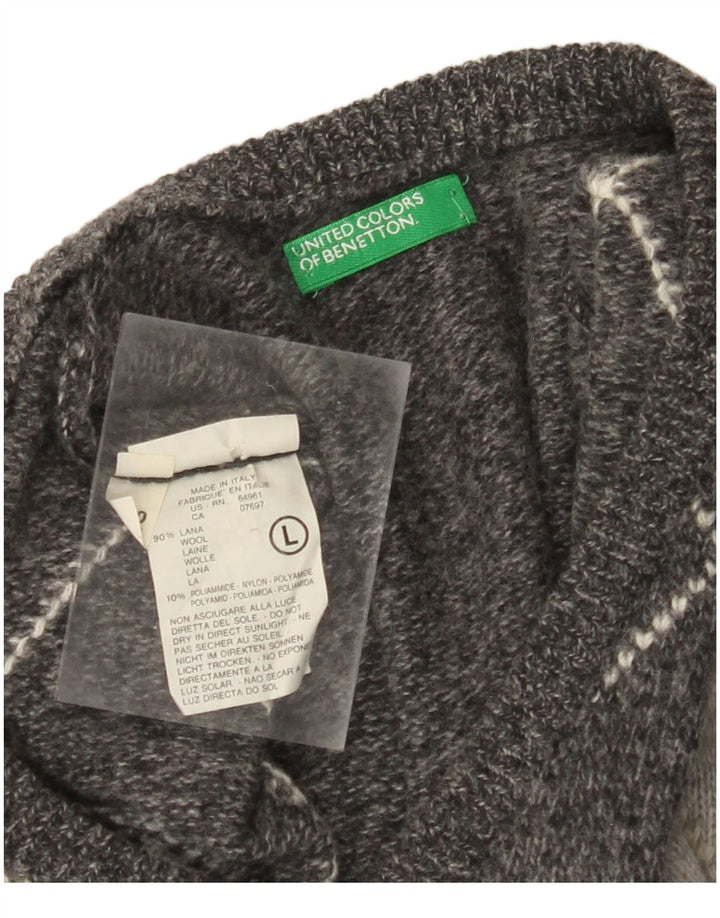 BENETTON Herre V-hals sweater Stor Grå Argyle/Diamond Wool