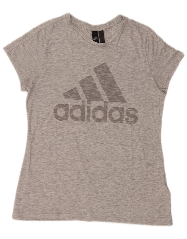 ADIDAS grafisk T-shirt top til kvinder DK 12/14 mellemgrå flækket polyester