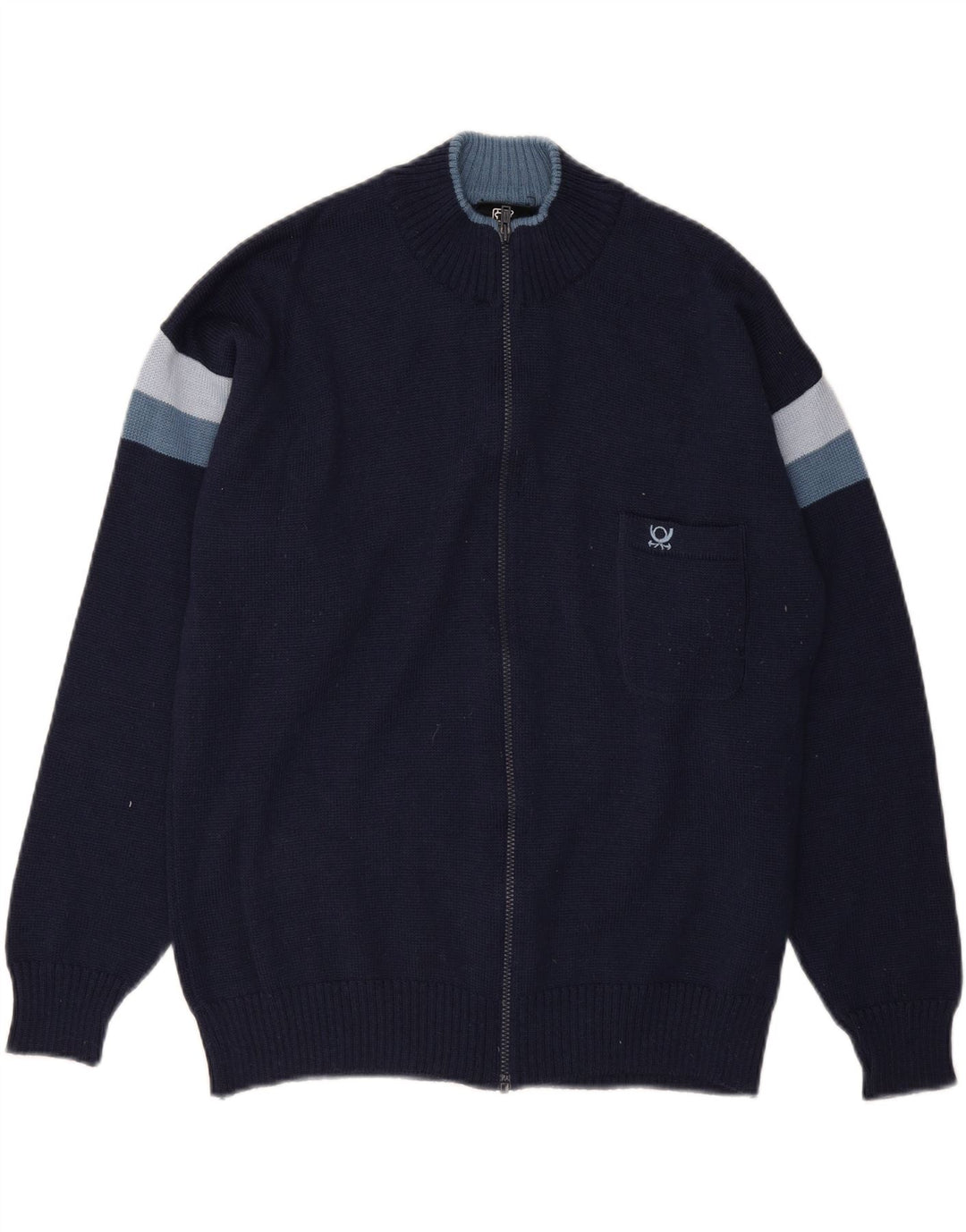 VINTAGE Mens Cardigan Sweater Medium Navy Blue Colourblock Polyacrylic Vintage Vintage and Second-Hand Vintage from Messina Hembry 