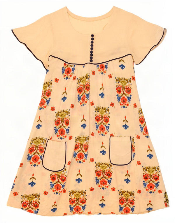 Vintage Dame A-Line Kjole UK 12 Medium Beige Floral