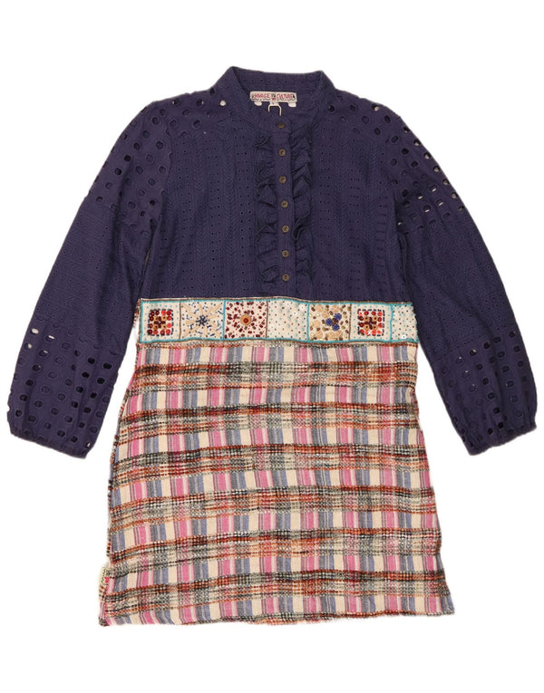 Vintage Dame Flæse Front Shift Dress UK 14 Large Navy Blue Patchwork