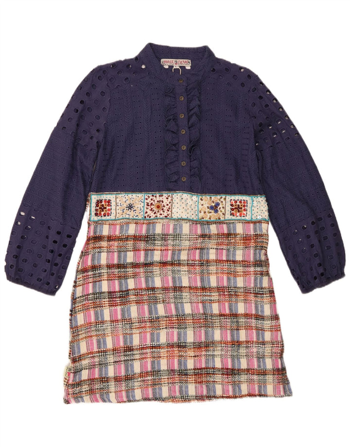 Vintage Dame Flæse Front Shift Dress UK 14 Large Navy Blue Patchwork