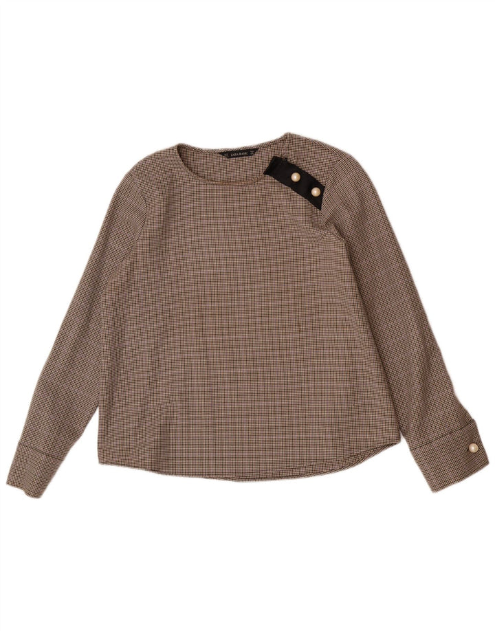 Zara Dame Langærmet Bluse Top UK 14 Medium Brown Houndstooth Polyester