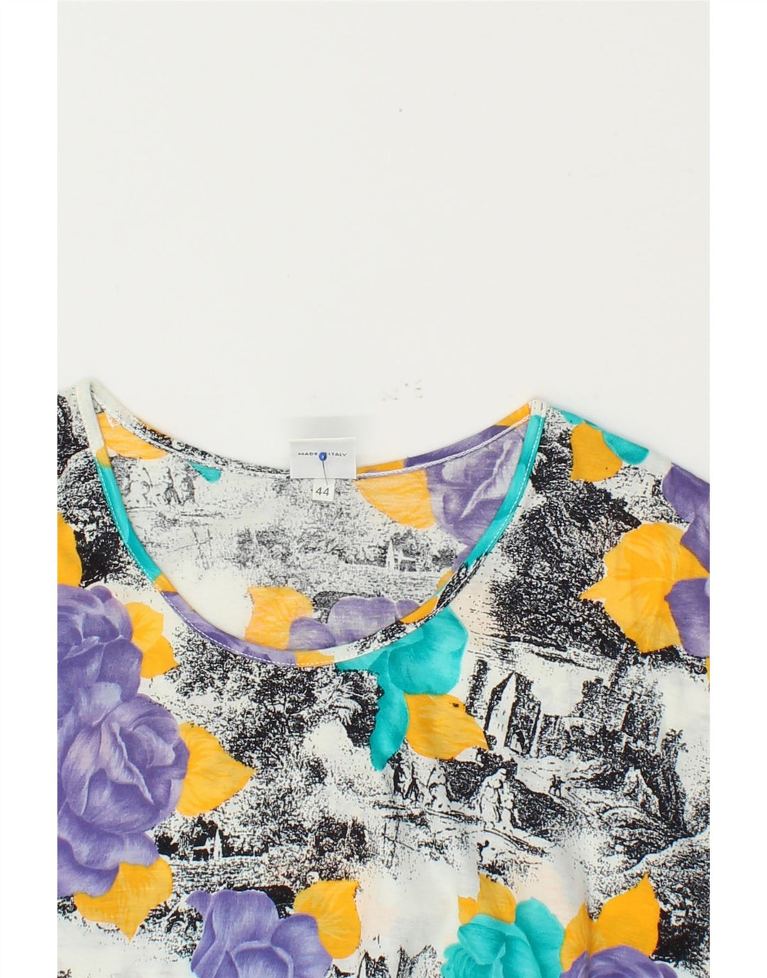 VINTAGE Womens T-Shirt Top IT 44 Medium Multicoloured Floral Cotton Vintage Vintage and Second-Hand Vintage from Messina Hembry 