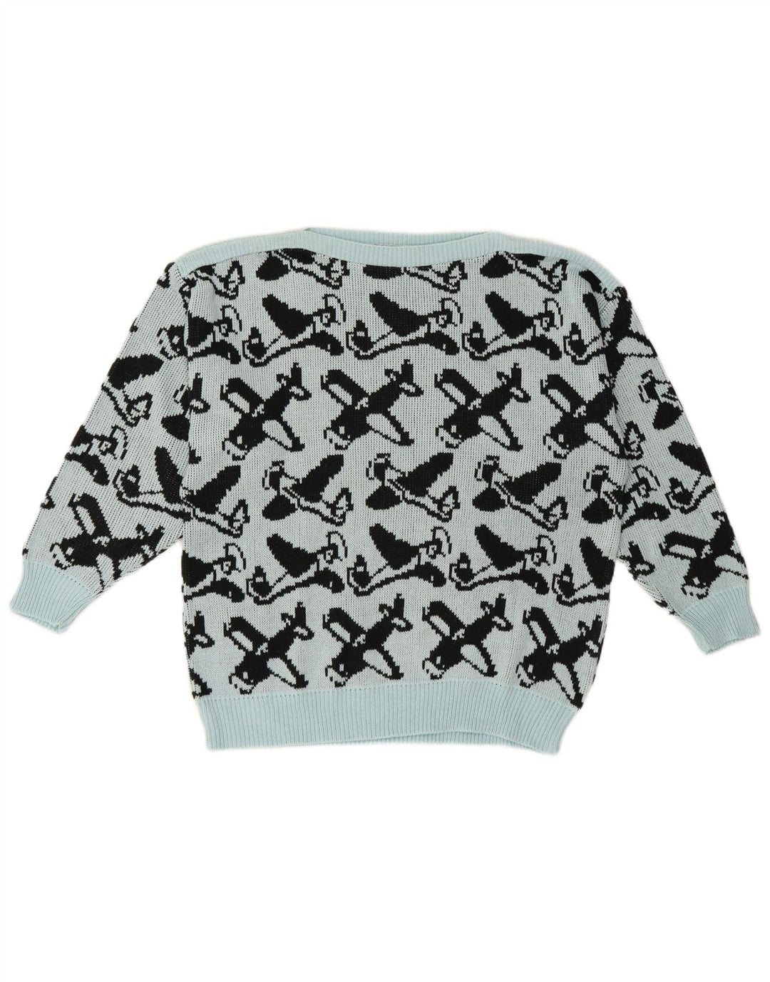 Vintage kvinders abstrakt mønster bådhals sweater EU 40 Medium Blue