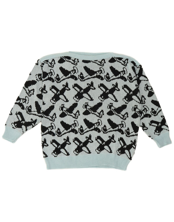 Vintage kvinders abstrakt mønster bådhals sweater EU 40 Medium Blue