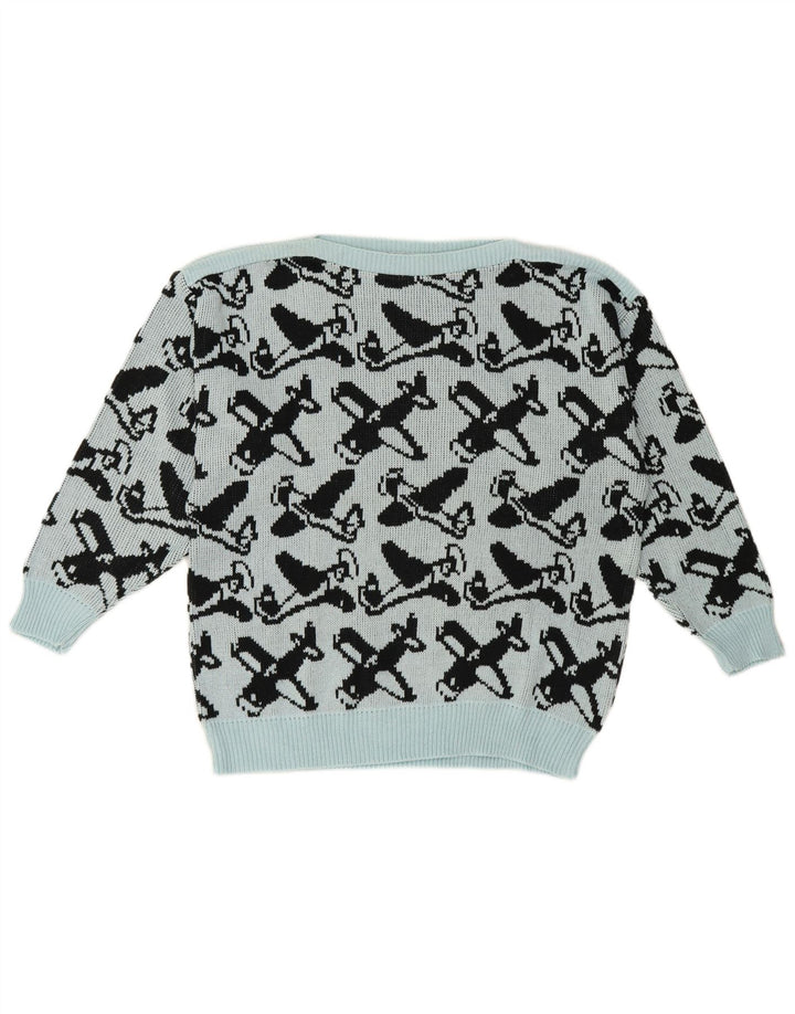 Vintage kvinders abstrakt mønster bådhals sweater EU 40 Medium Blue