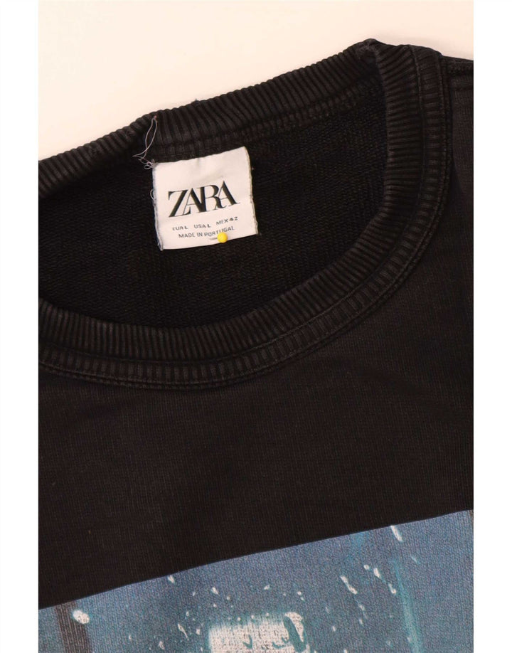 Zara Herre Grafisk Sweatshirt Jumper Stor Sort Bomuld