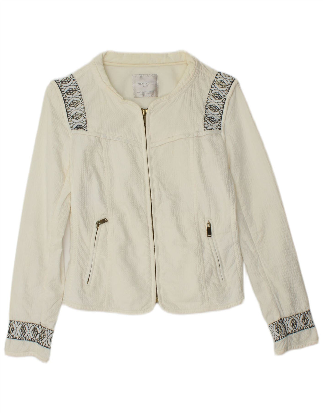 ZARA Womens Crop Oversized Bomber Jacket UK 10 Small Off White Geometric