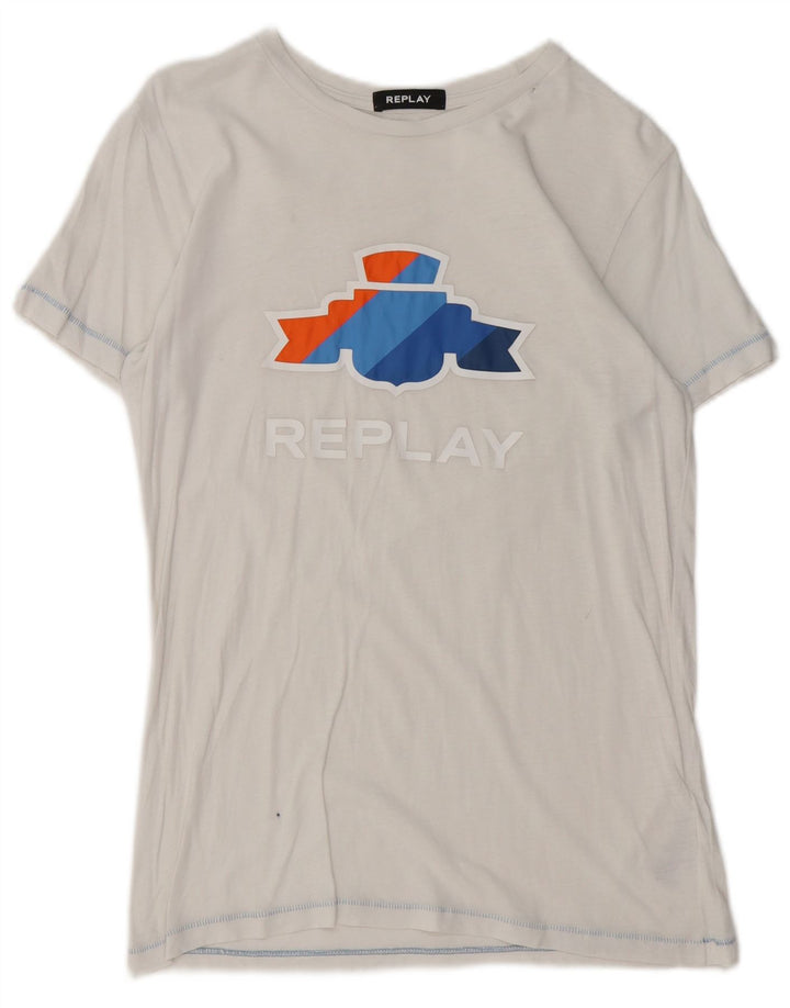 REPLAY Dame Grafisk T-Shirt Top UK 12 Medium White Bomuld