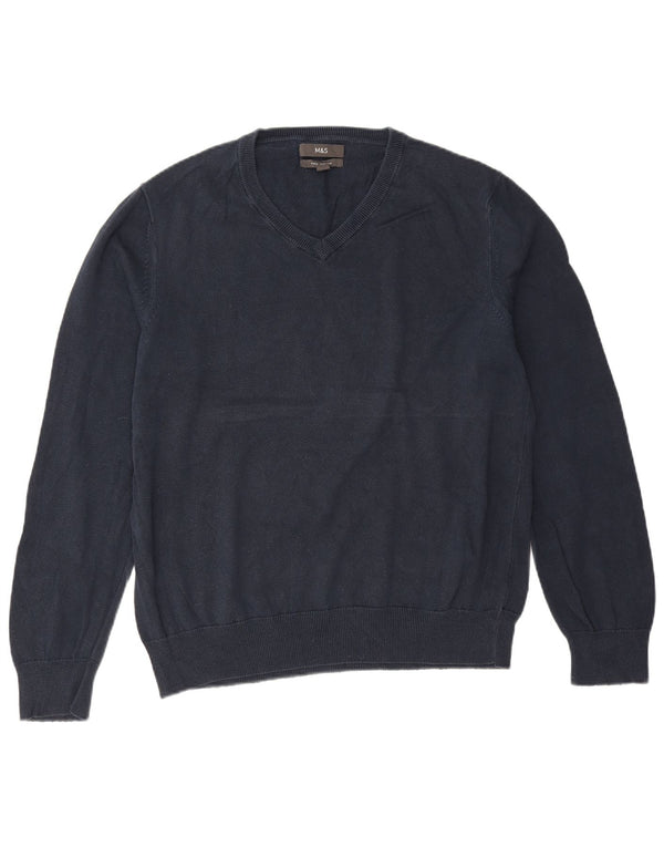 Marks & Spencer Mens V-Neck Jumper Sweater Large Navy Blue Cotton