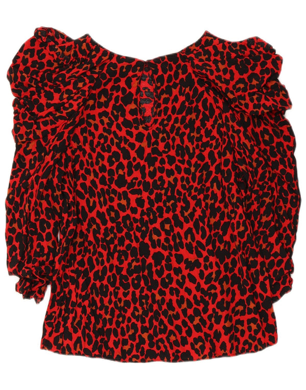 Zara Dame 3/4 ærmet bluse Top UK 10 Small Red Animal Print Viscose