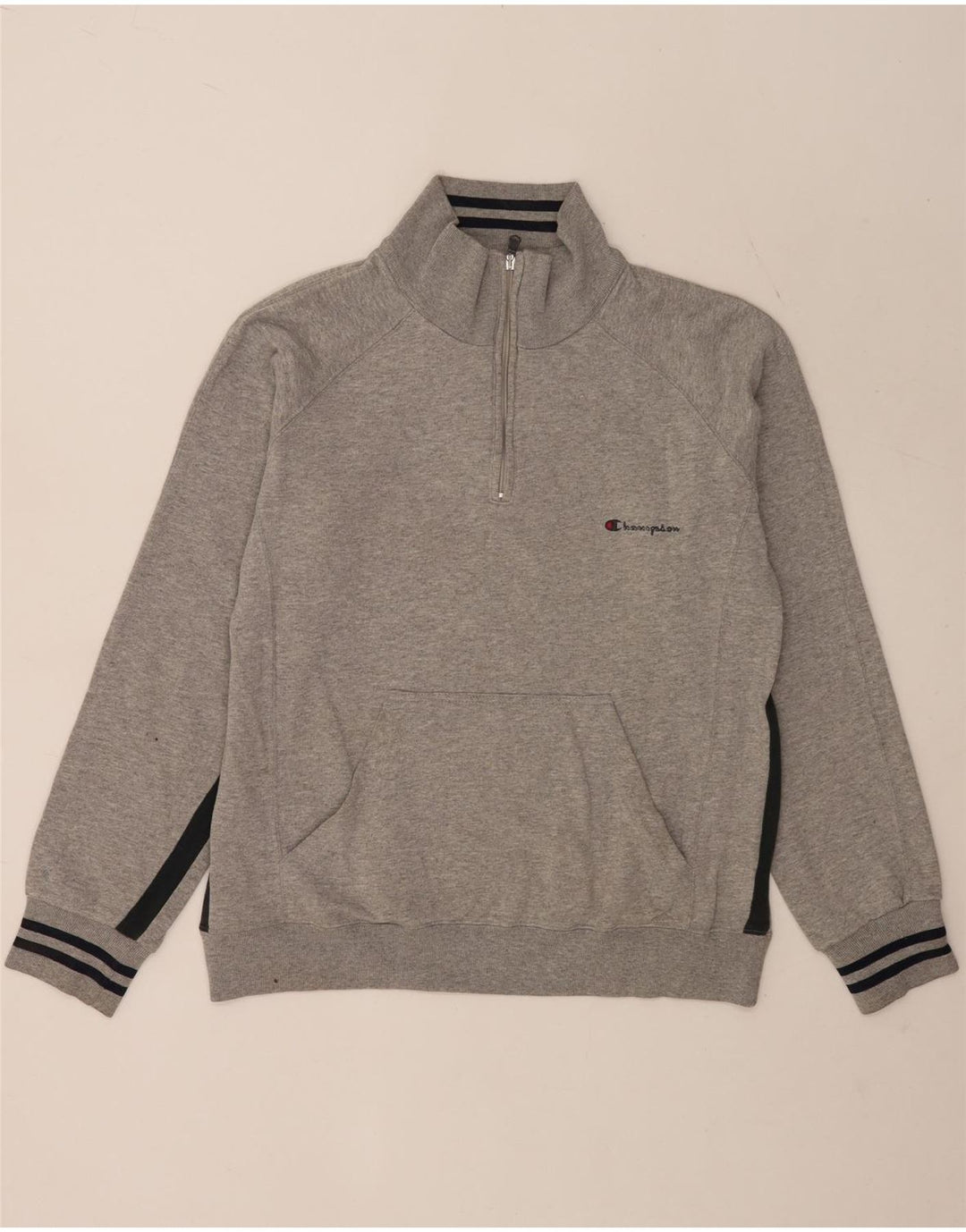 Champion Herre Zip Neck Sweatshirt Jumper Large Grå Colourblock Bomuld