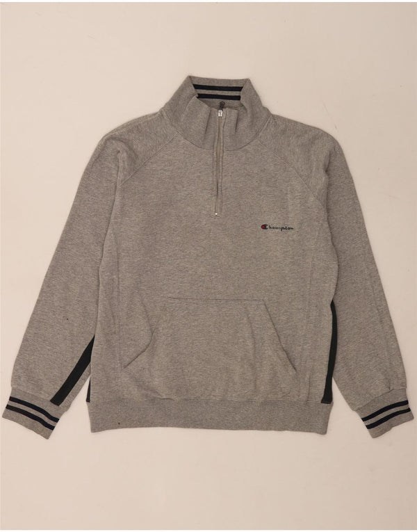 Champion Herre Zip Neck Sweatshirt Jumper Large Grå Colourblock Bomuld