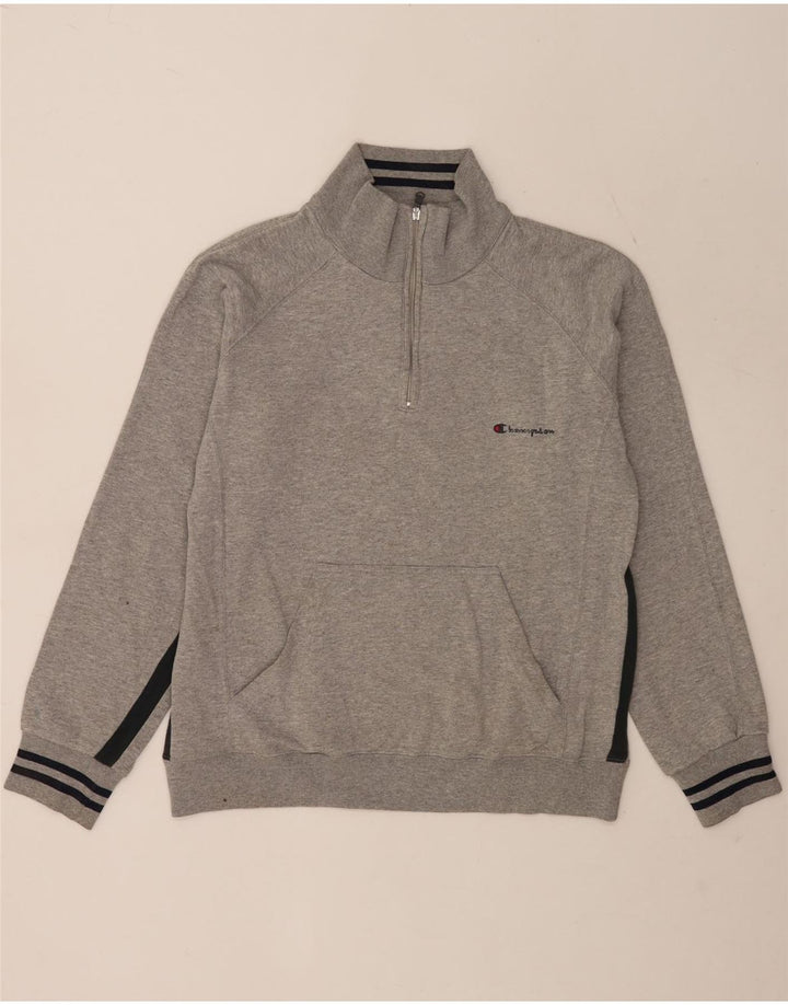 Champion Herre Zip Neck Sweatshirt Jumper Large Grå Colourblock Bomuld