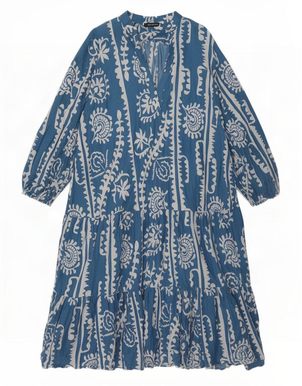 Zara Dame Langærmet Oversized Tiered Kjole UK 18 XL Blå Blomster Bomuld