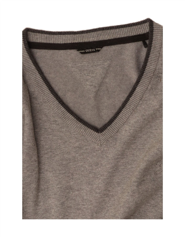 GUESS Mens V-Neck Jumper Sweater Medium Grey Vintage Guess and Second-Hand Guess from Messina Hembry 