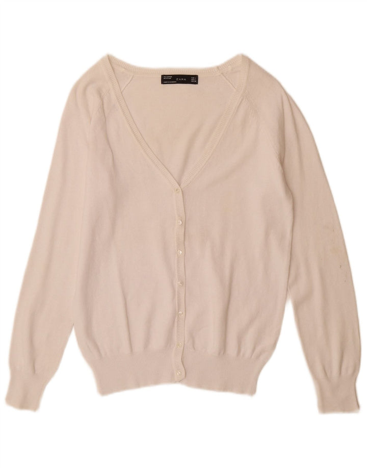Zara Dame Cardigan Sweater UK 14 Stor Hvid Bomuld