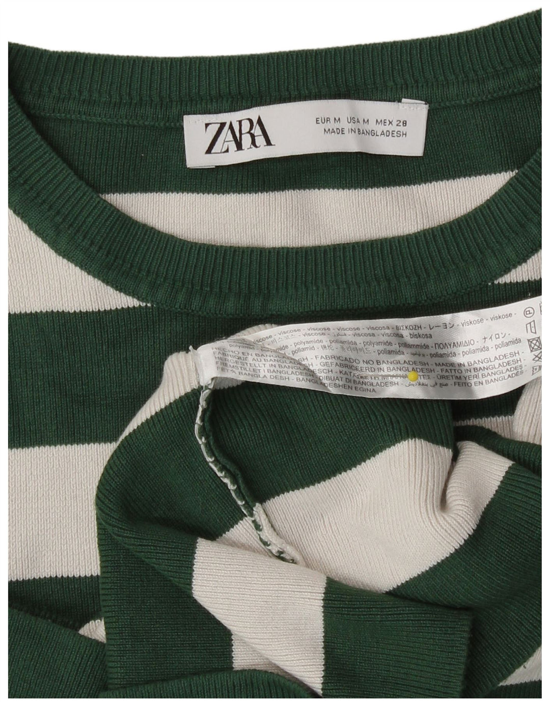Zara Dame Crop Top Langærmet UK 12 Medium Grøn Stribet Viscose