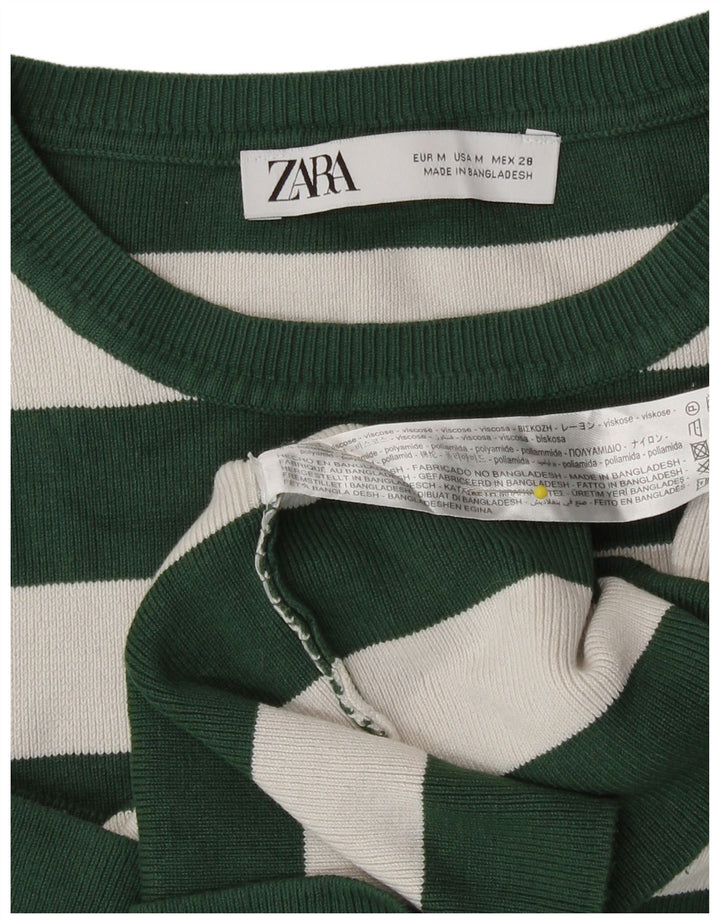Zara Dame Crop Top Langærmet UK 12 Medium Grøn Stribet Viscose