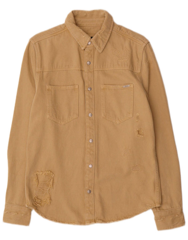 Zara Herre Distressed Relaxed Fit denimskjorte lille beige bomuld