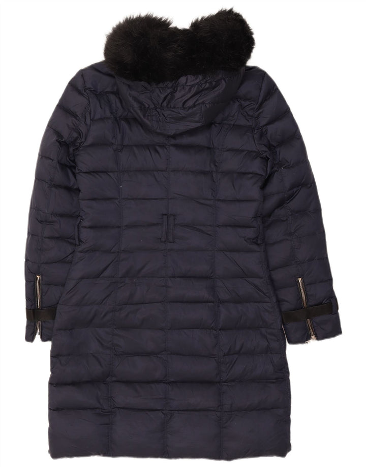 Zara Dame Hætte Polstret Frakke UK 10 Small Navy Blue Polyester