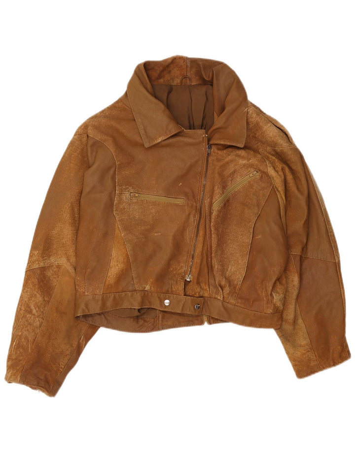 Vintage Dame Crop Ruskindsjakke EU 42 Stor Brun Læder
