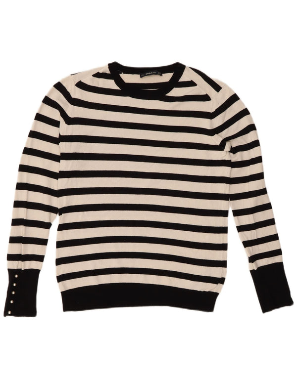 Zara Dame Boat Neck Jumper Sweater UK 14 Stor Sort Stribet Viscose