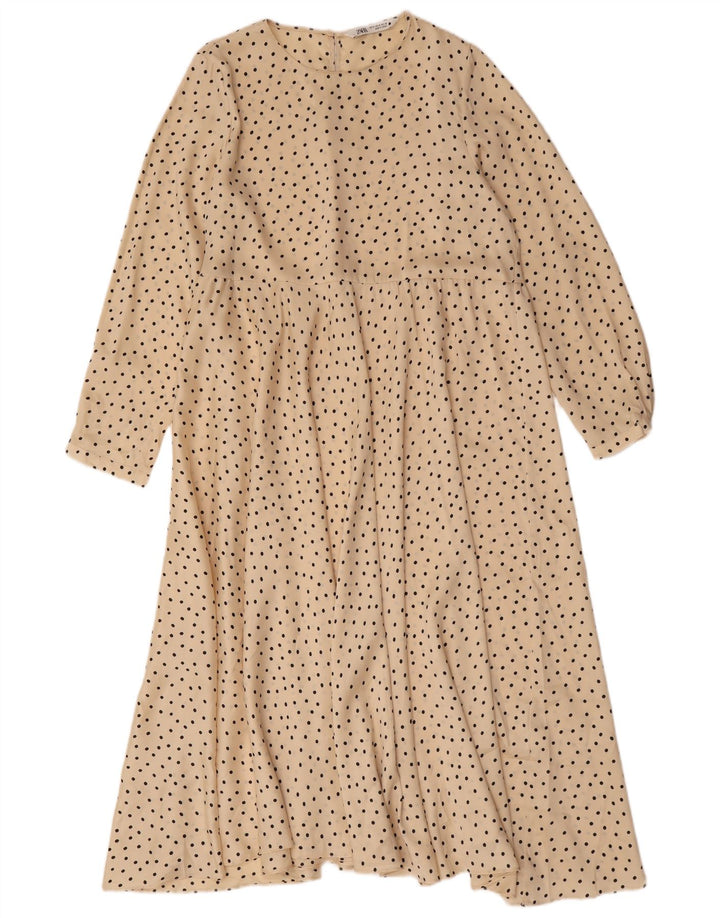 Zara Dame Langærmet Maxi Kjole UK 14 Medium Beige Polka Dot Polyester
