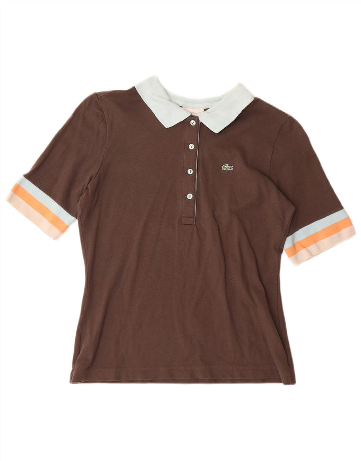 LACOSTE Womens Polo Shirt Size 40 Medium Brown Colourblock Cotton