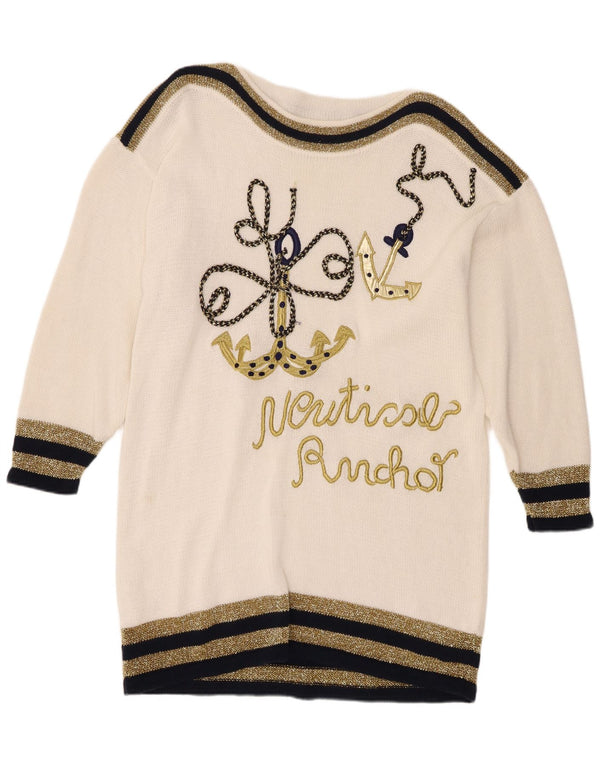 Vintage Kvinders Grafisk Boat Neck Jumper Sweater UK 16 Large White Nautical