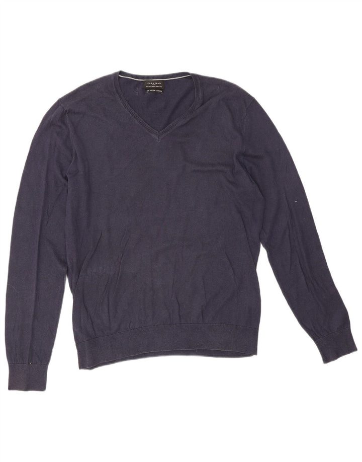 Zara Herre V-hals sweater Stor marineblå bomuld