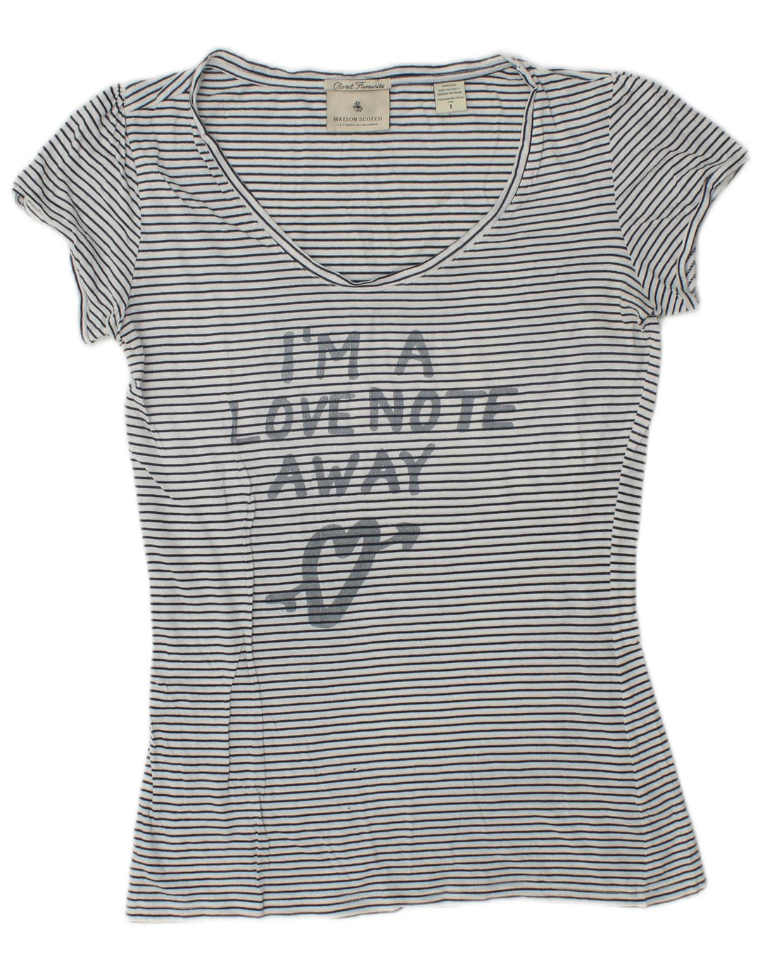 Maison Scotch Dame Grafisk T-Shirt Top Størrelse 1 Lille hvid stribet