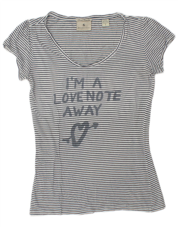 Maison Scotch Dame Grafisk T-Shirt Top Størrelse 1 Lille hvid stribet