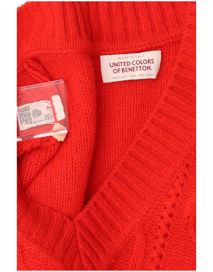 BENETTON Herre V-hals sweater Large Red Virgin Wool
