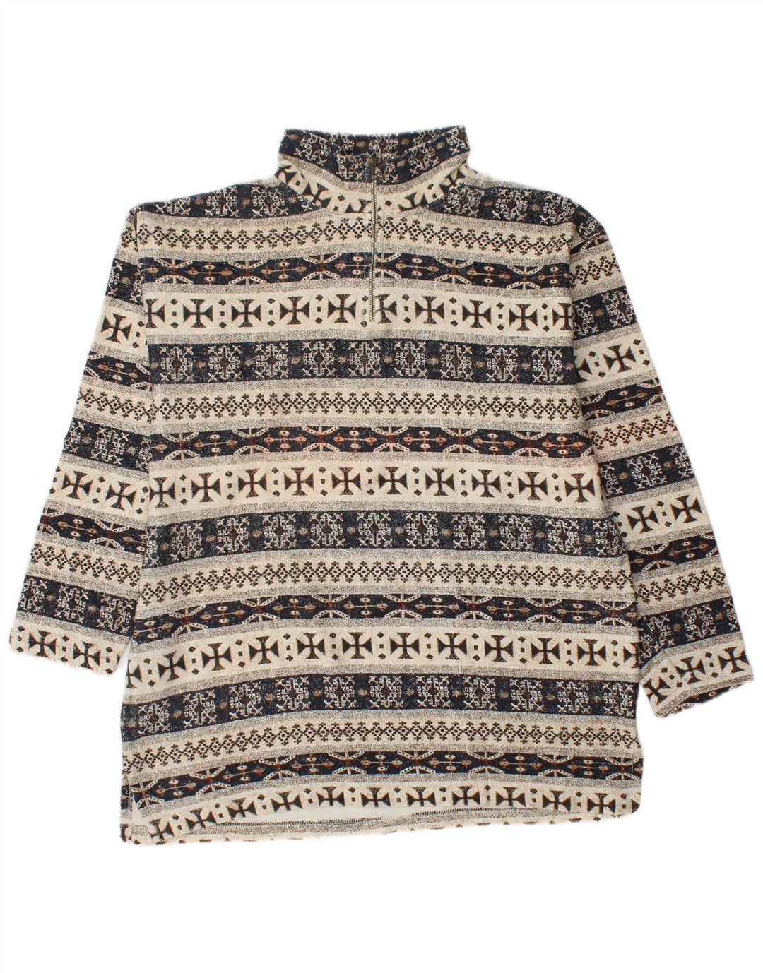 VINTAGE Sweatshirt med lynlås til mænd Large Beige Fair Isle Bomuld