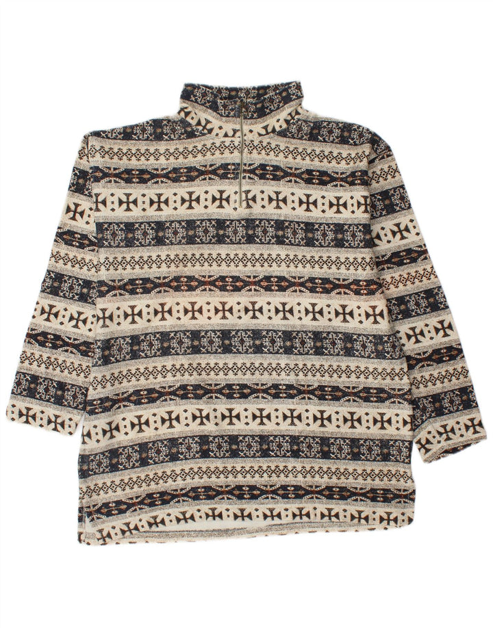 VINTAGE Sweatshirt med lynlås til mænd Large Beige Fair Isle Bomuld