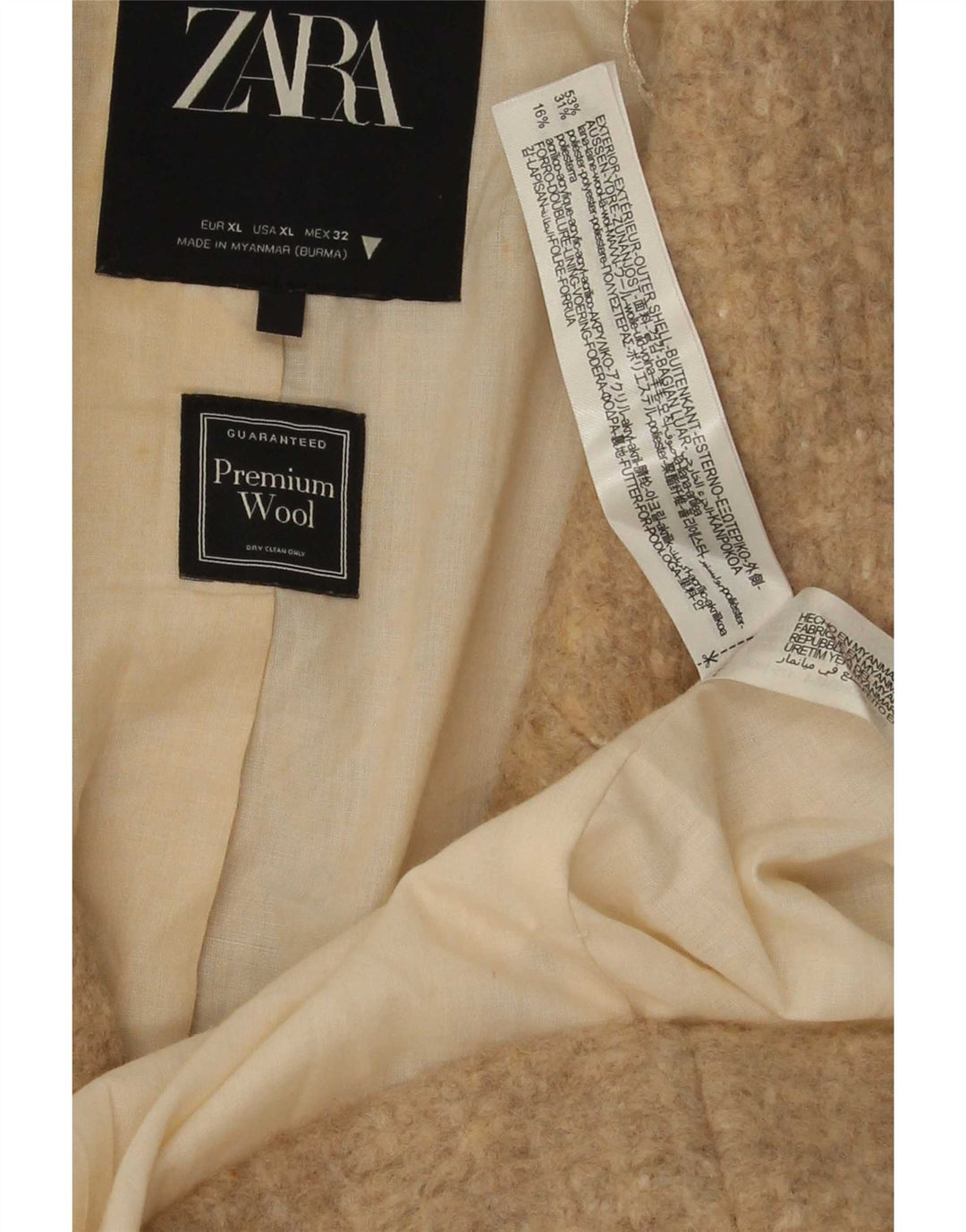 Zara Dame Dobbeltradet Frakke UK 42 XL Beige Uld