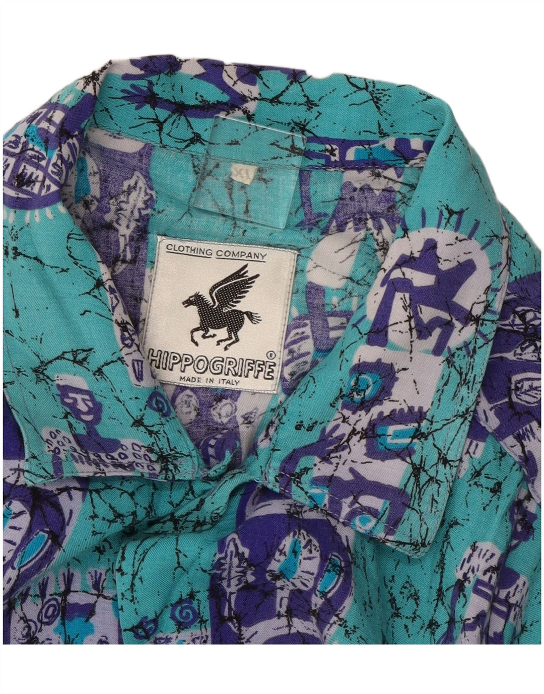 VINTAGE Kortærmet Herreskjorte XL Blå Patchwork Bomuld